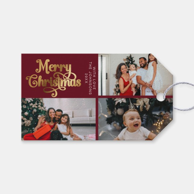Gold Retro Frohe Weihnachtsfamilie Foto Collage Geschenkanhänger (Vorderseite (Horizontal))
