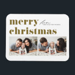 Gold Retro Typografie Frohe Weihnachten Zwei Foto Magnet<br><div class="desc">Feiern Sie den Urlaubssinn mit unserem individuell anpassbaren Foto Weihnachtsmagneten! Dieser Magnet eignet sich perfekt, um Ihre Lieblingsfeiertage zu erleben. Mit diesem Magneten können Sie einen einzigartigen Sake kreieren, der die Freude und Liebe Ihrer Familie während der Ferienzeit zeigt. Es zeichnet sich durch Retro-fett Typografie aus. Personalisieren Sie diese, indem...</div>