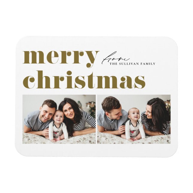 Gold Retro Typografie Frohe Weihnachten Zwei Foto Magnet (Horizontal)