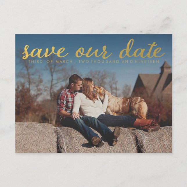 Gold Rette unsere Date Foto Overlay-Postkarte Ankündigungspostkarte (Vorderseite)
