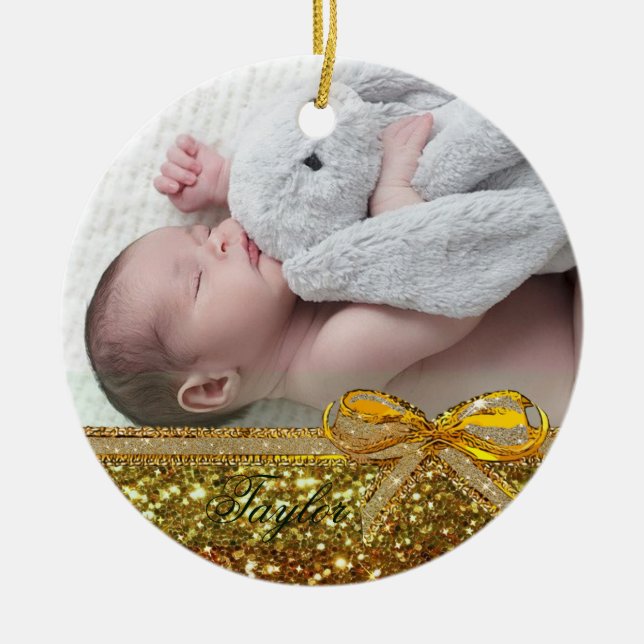 Gold Ribbon & Bow Baby Foto Ornament Keepake (Vorne)