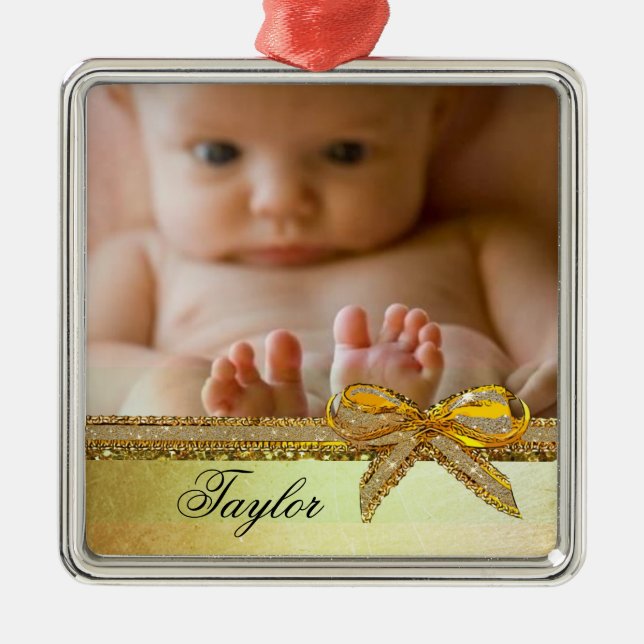 Gold Ribbon & Bow Baby Foto Ornament Keepsakes (Vorne)
