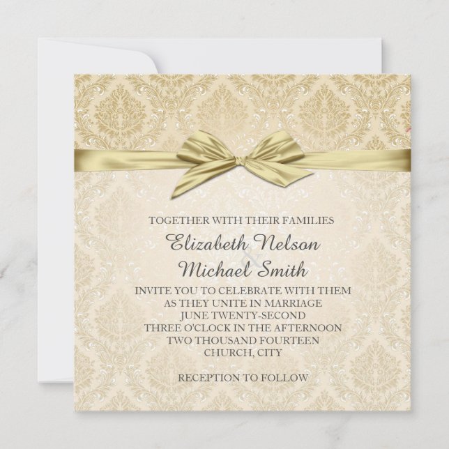 Gold Ribbon Gold Damask Hochzeitsempfang Einladung (Vorderseite)