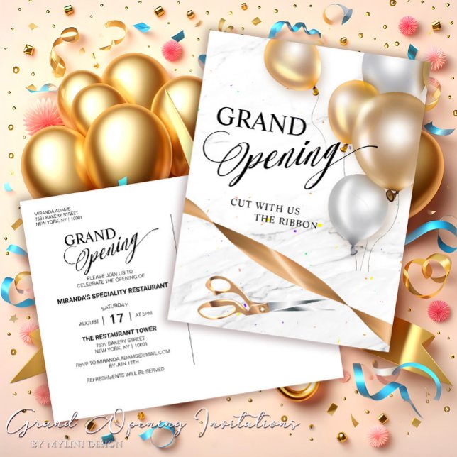 Gold Ribbon Silver Balloons Scissors Grand Opening Einladungspostkarte (Von Creator hochgeladen)
