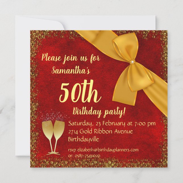 Gold Ribbon und Red Velvet 50. Geburtstag Einladung (Vorderseite)