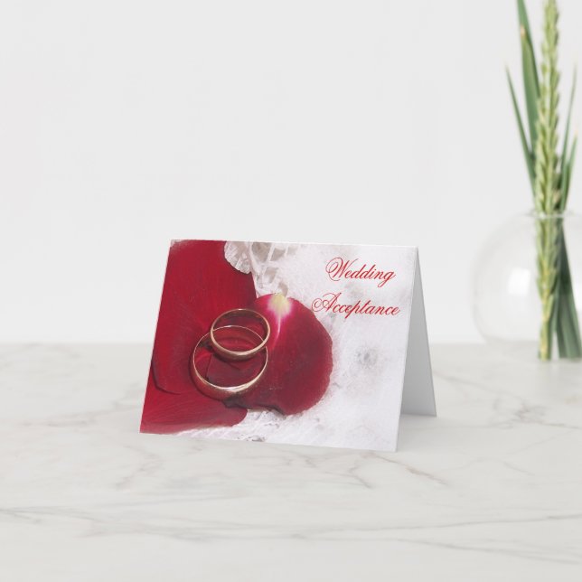 Gold Rings Rose Petals Hochzeit Annahme Dankeskarte (Vorderseite)