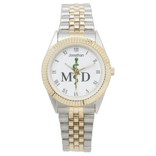 Gold Rod von Asclepius Green Medical Doctor MD Armbanduhr