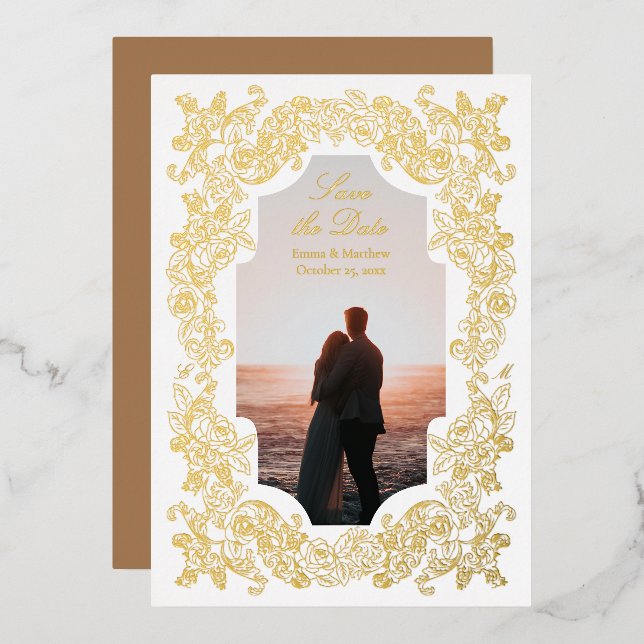 Gold Rokoko Foto Save the Date Folieneinladung (Vorderseite/Rückseite)