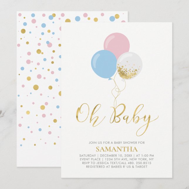 Gold, Rosa, Blue Balloons | Oh Baby Shooter Einladung (Vorne/Hinten)