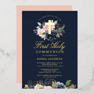 Gold Rosa Erröten Navy Florale Mädchen Erstkommuni Folieneinladung