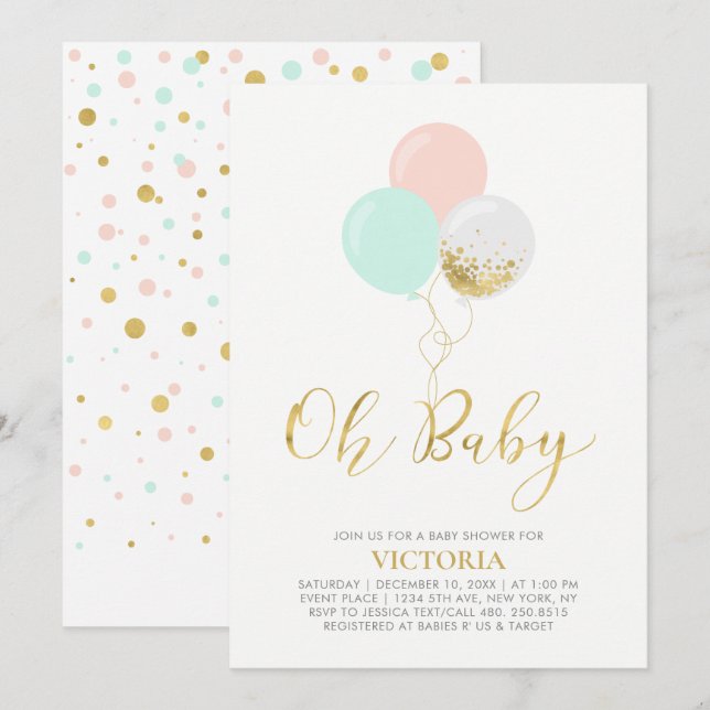 Gold, Rosa, Minzballons | Oh Baby Shooter Einladung (Vorne/Hinten)
