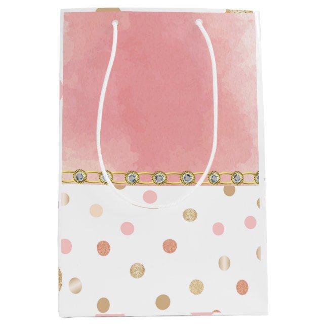 Gold, Rosa, Punkt, Pastel, Girly, Sweet, Chic Mittlere Geschenktüte (Vorderseite)