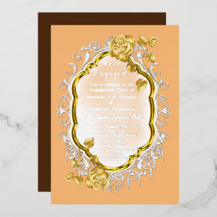 Gold Rose auf einem Goldrahmen mit weißer Spitze.  Folieneinladung