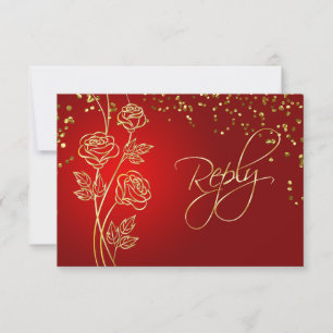 Gold-Rose auf Red, Confetti Wedding RSVP Karte