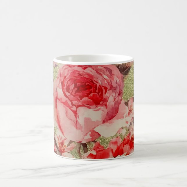 Gold Rose Blütenblume Himbeere Rosa Wasserfarbe Kaffeetasse (Mittel)