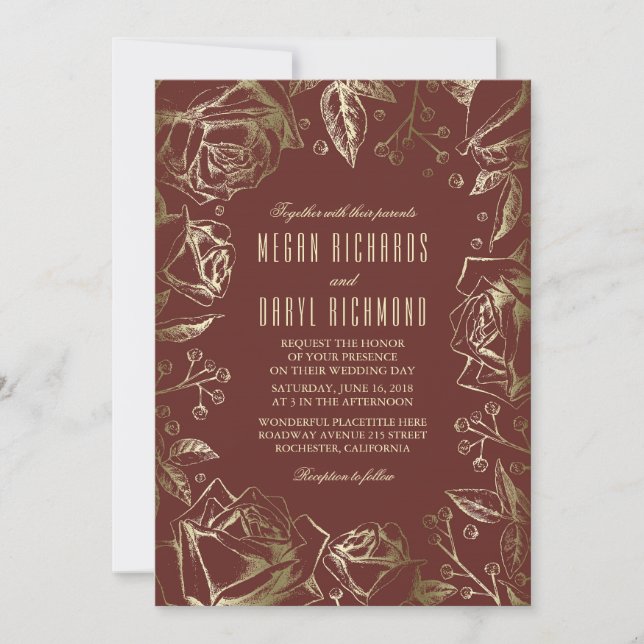 Gold Rose - Burgund Marsala Hochzeit im Herbst Einladung (Vorderseite)