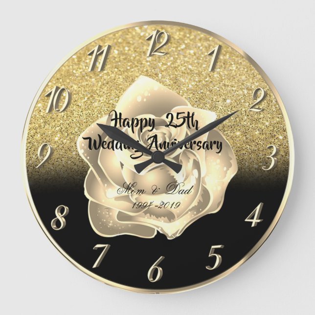 Gold Rose Glitter Ombre  25th Wedding Anniversary Große Wanduhr (Vorderseite)