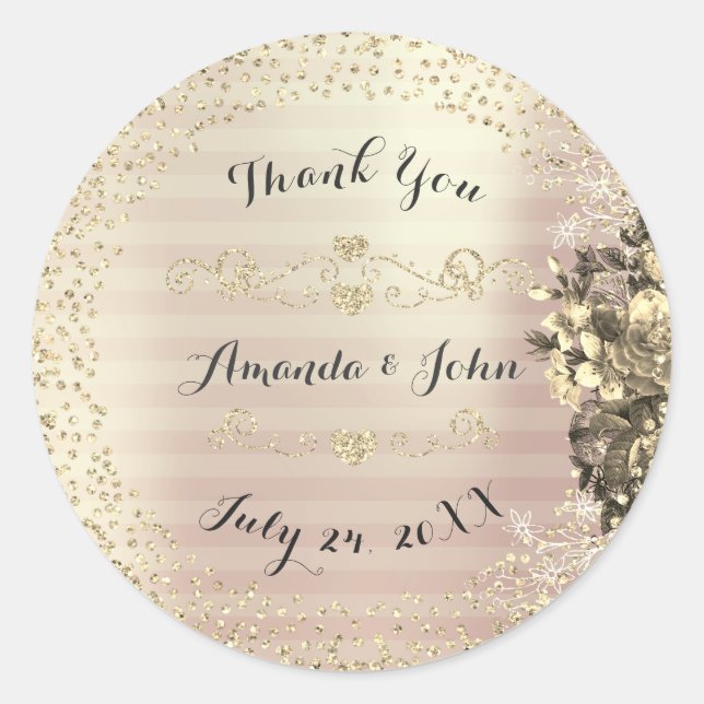 Gold Rose Glitzer Save the Date Danke Sepia Runder Aufkleber (Vorderseite)