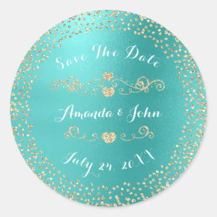 Gold Rose Glitzer Save the Date Minze Ocean Aqua Runder Aufkleber