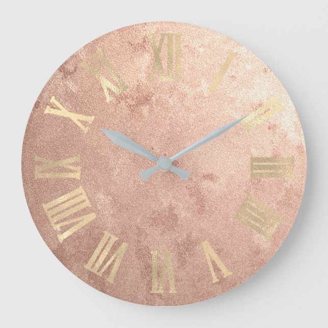 Gold Rose Gold Kupfer grungy römische Zahlen Große Wanduhr (Vorderseite)