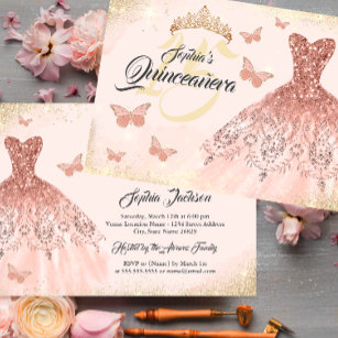 Gold Rose Gold Quinceanera Butterfly Kleid Einladung