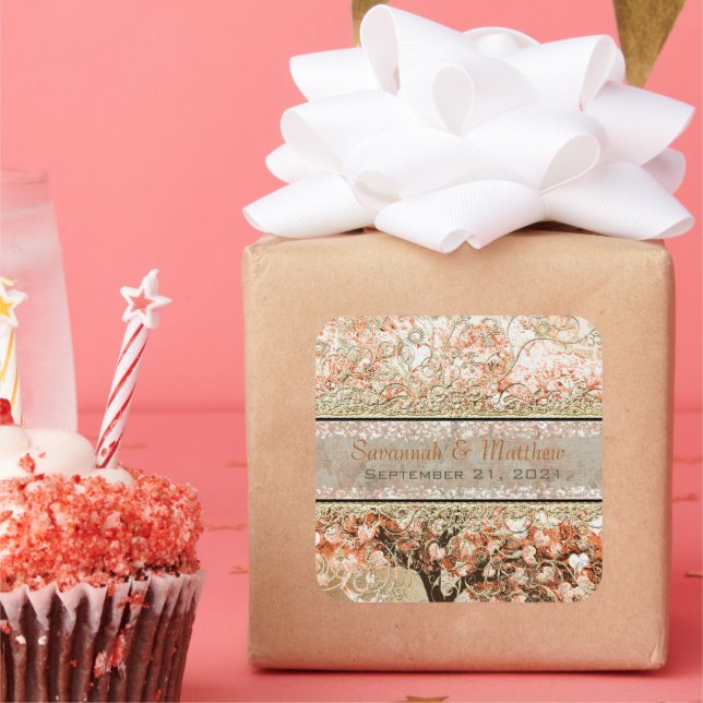 Gold Rose Heart Leaf Tree Square Wedding Siegel Quadratischer Aufkleber (Party)