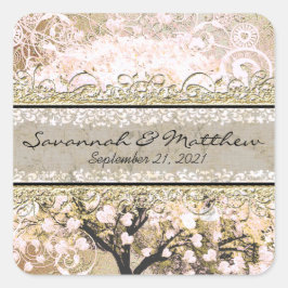 Gold Rose Heart Leaf Tree Square Wedding Siegel Quadratischer Aufkleber