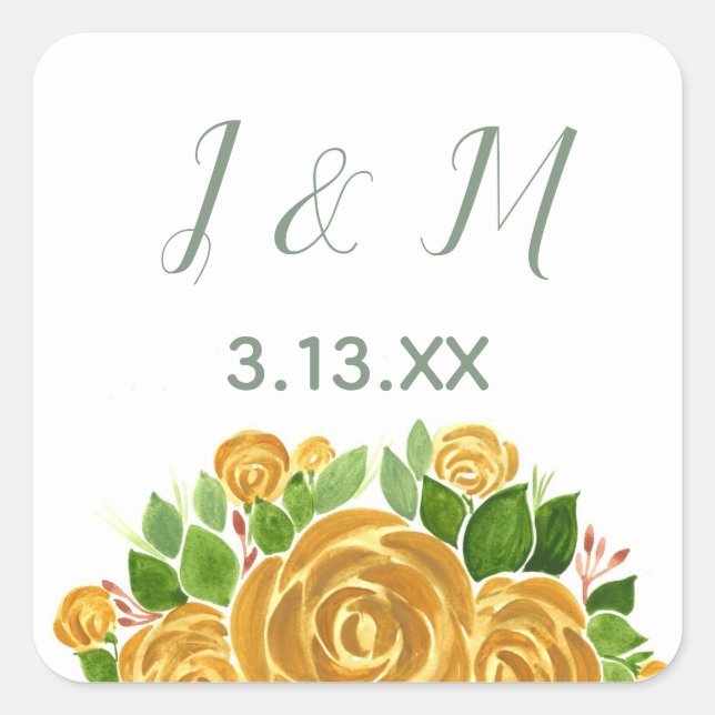 Gold-Rose-Initialen und Datum Quadratischer Aufkleber (Vorderseite)