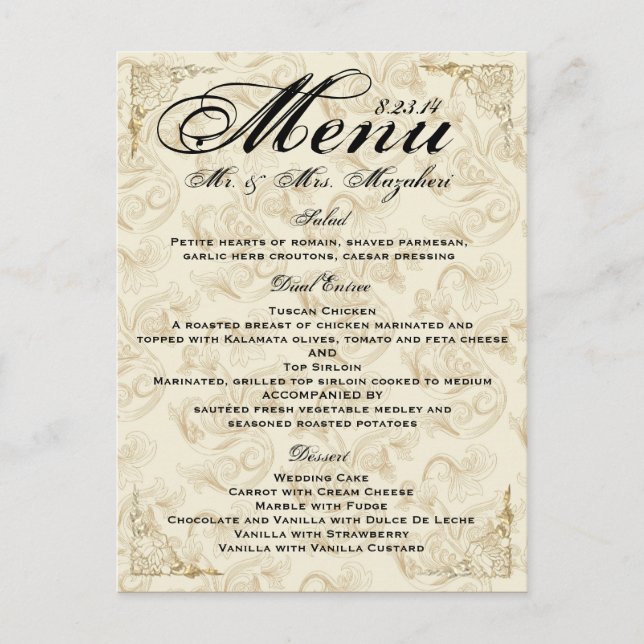 Gold Rose Mariage Diner Menu Merci Note (Devant)