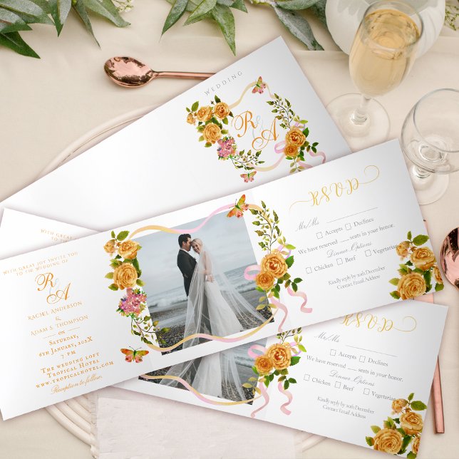 Gold Rose Multigram Foto Einladung Hochzeitsfeiern (Elegant Rose Ribbon Monogram Photo Invitation Card.)
