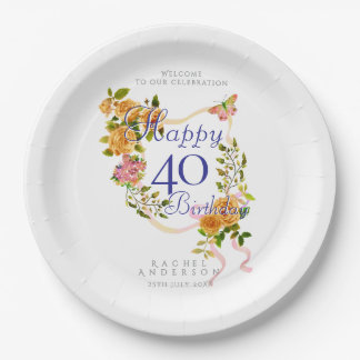 Gold Rose Ribbon 40th Birthday Pappteller