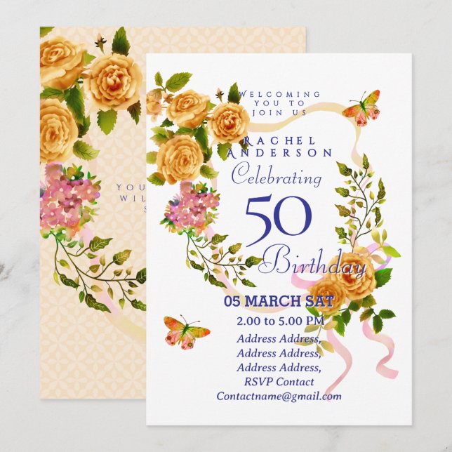 Gold Rose Ribbon 50th  Birthday Invitation (Devant / Derrière)