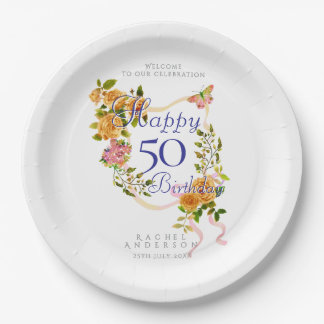 Gold Rose Ribbon 50th Birthday Pappteller