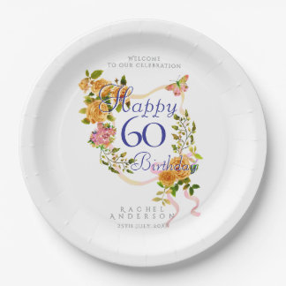 Gold Rose Ribbon 60th Birthday Pappteller