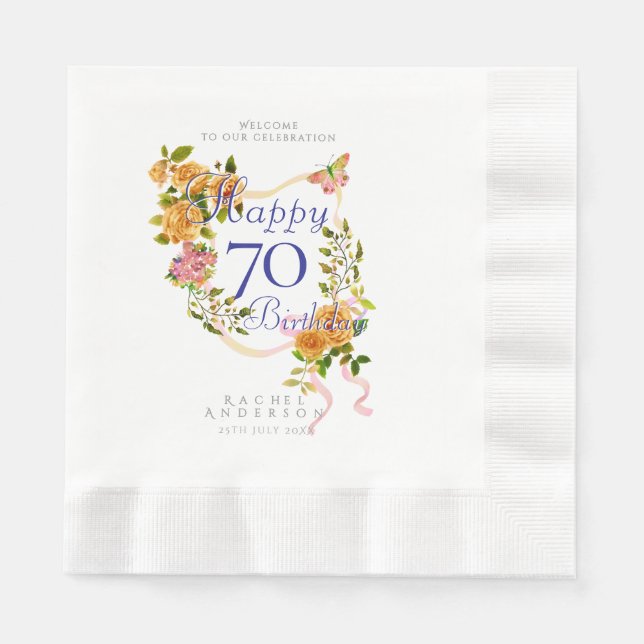 Gold Rose Ribbon 70th Birthday Serviette (Vorderseite)