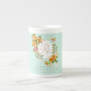 Gold Rose Ribbon Chic Monogram Green Prozellantasse