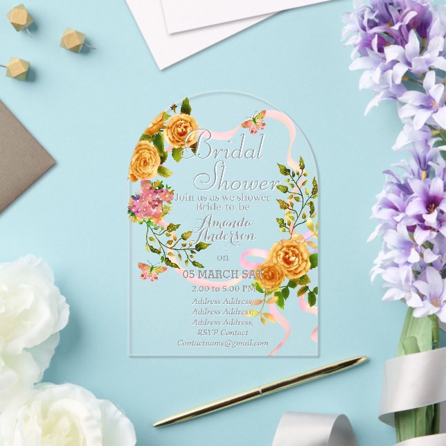 Gold Rose Romantics Bridal Acrylic Einladung (Insitu (Hochzeit))