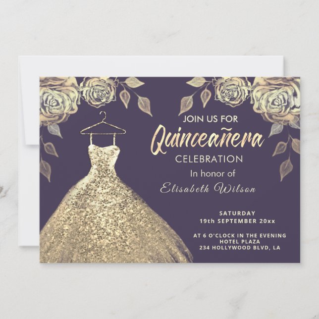 Gold Rose sequenzieren Goldkleid Quinceañera Einladung (Vorderseite)