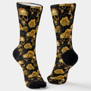 Gold Rose Skull Pattern auf Schwarz Socken
