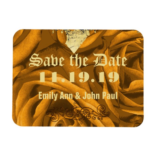 Gold-Rose und Herz-Wirbel Hochzeiten speichern das Magnet (Horizontal)