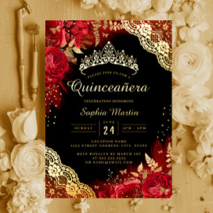Gold Rot Schwarz Florales Spitze Quinceanera  Folieneinladung