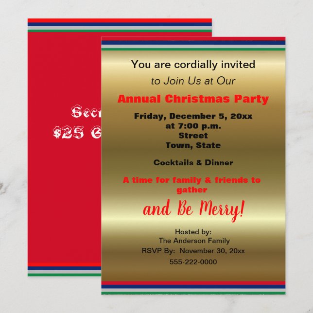 Gold Rot Strip Weihnachtsfest Party Ankündigung (Vorne/Hinten)