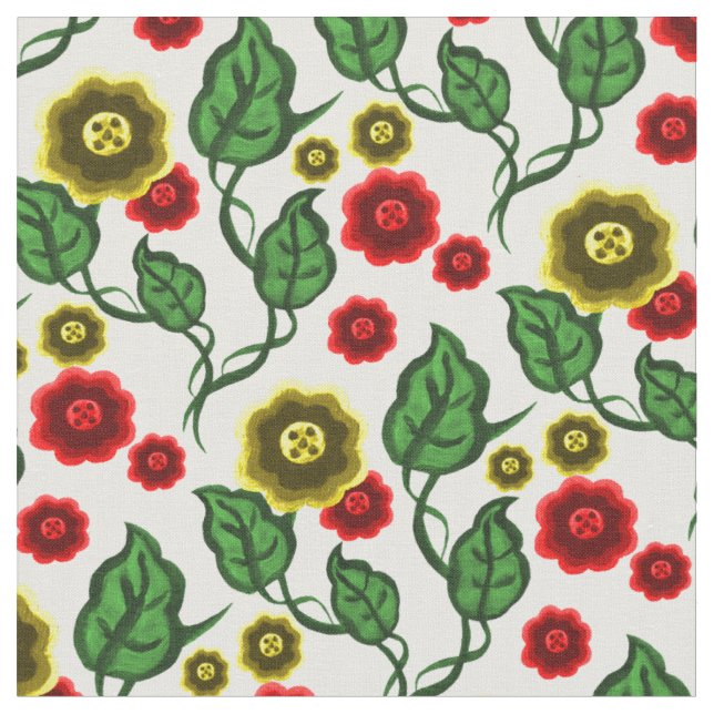 Gold/rote Blume/grüne Blätter/Folkblume Stoff (Nahaufnahme)