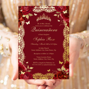 Gold Rote Rose Lace Butterfly Quinceanera Geburtst Folieneinladung