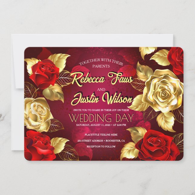 Gold Rote Rosen Floral Modern Boho Einladung (Vorderseite)