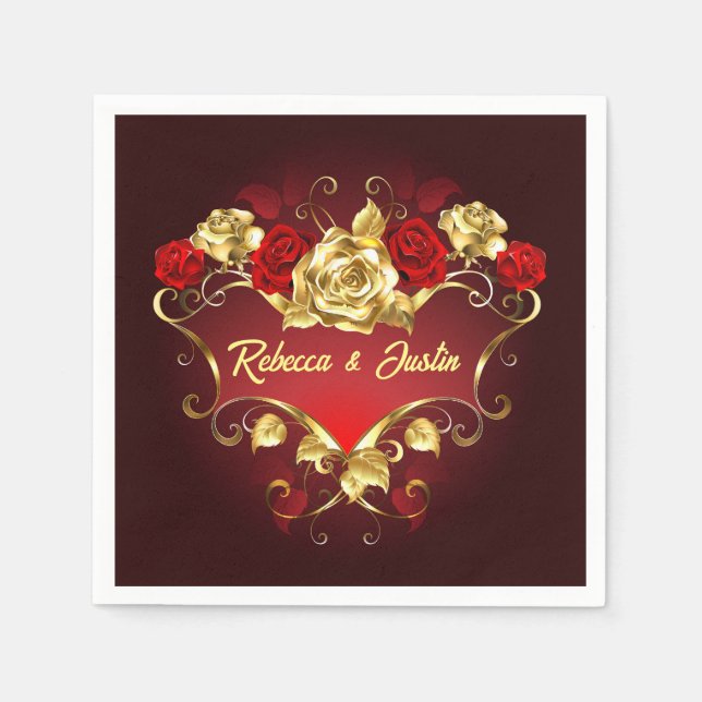 Gold Rote Rosen Floral Modern Boho Napkins Serviette (Vorderseite)
