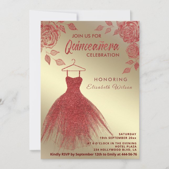 Gold Rote Rosen Rotes Glitzer Kleid Quinceañera Einladung (Vorderseite)