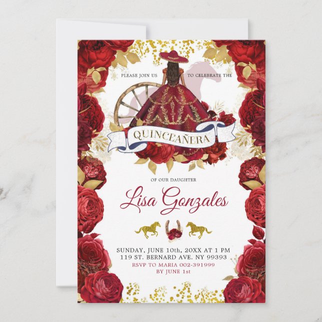 Gold Rote Rosen Western Charra Boots Quinceañera Einladung (Vorderseite)