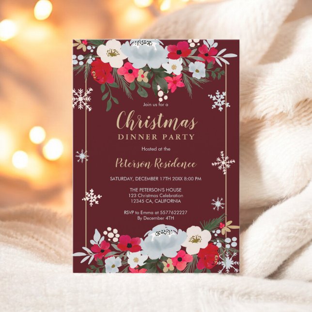 Gold Roter Chic Blütenschneeflocken Weihnachten Einladung (Gold Red Chic floral snowflake Christmas Invitation)