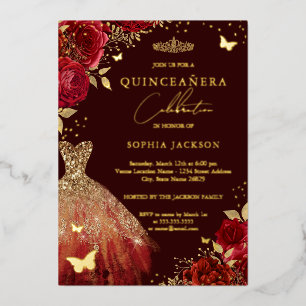 Gold rotes Kleid Floral Schmetterling Quinceanera Folieneinladung